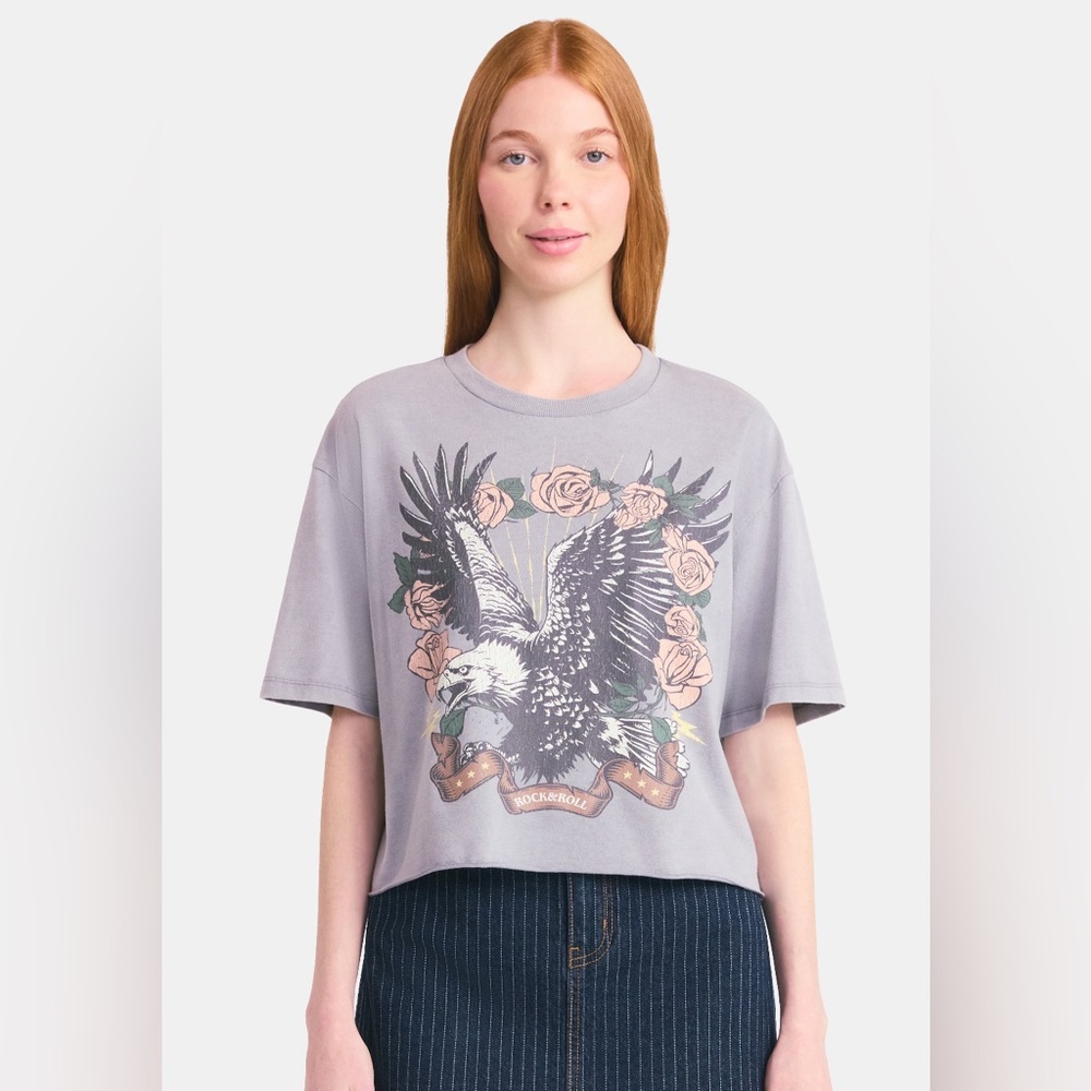 No Boundaries Rock ‘n’ Roll Eagle Graphic Boxy Cropped Tee - Size Small